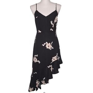 NWT Lulus Black Floral Asymmetrical Ruffle Midi Dress‎ S Wedding Guest V-Neck